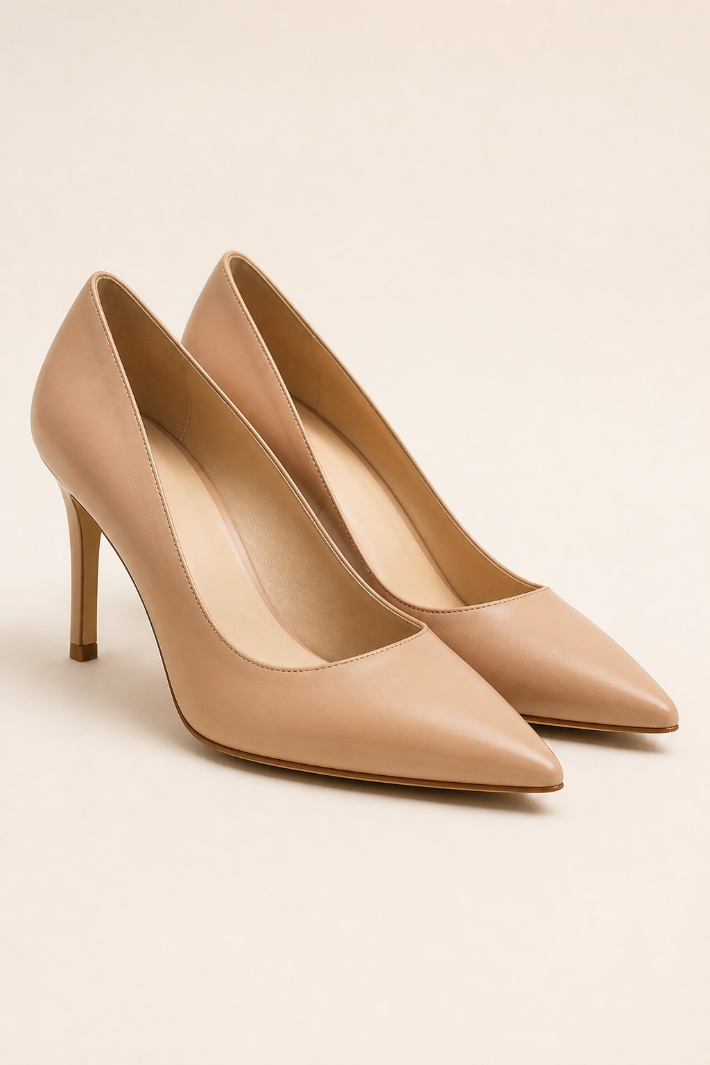 Nude sculpted pump on a cream studio surface