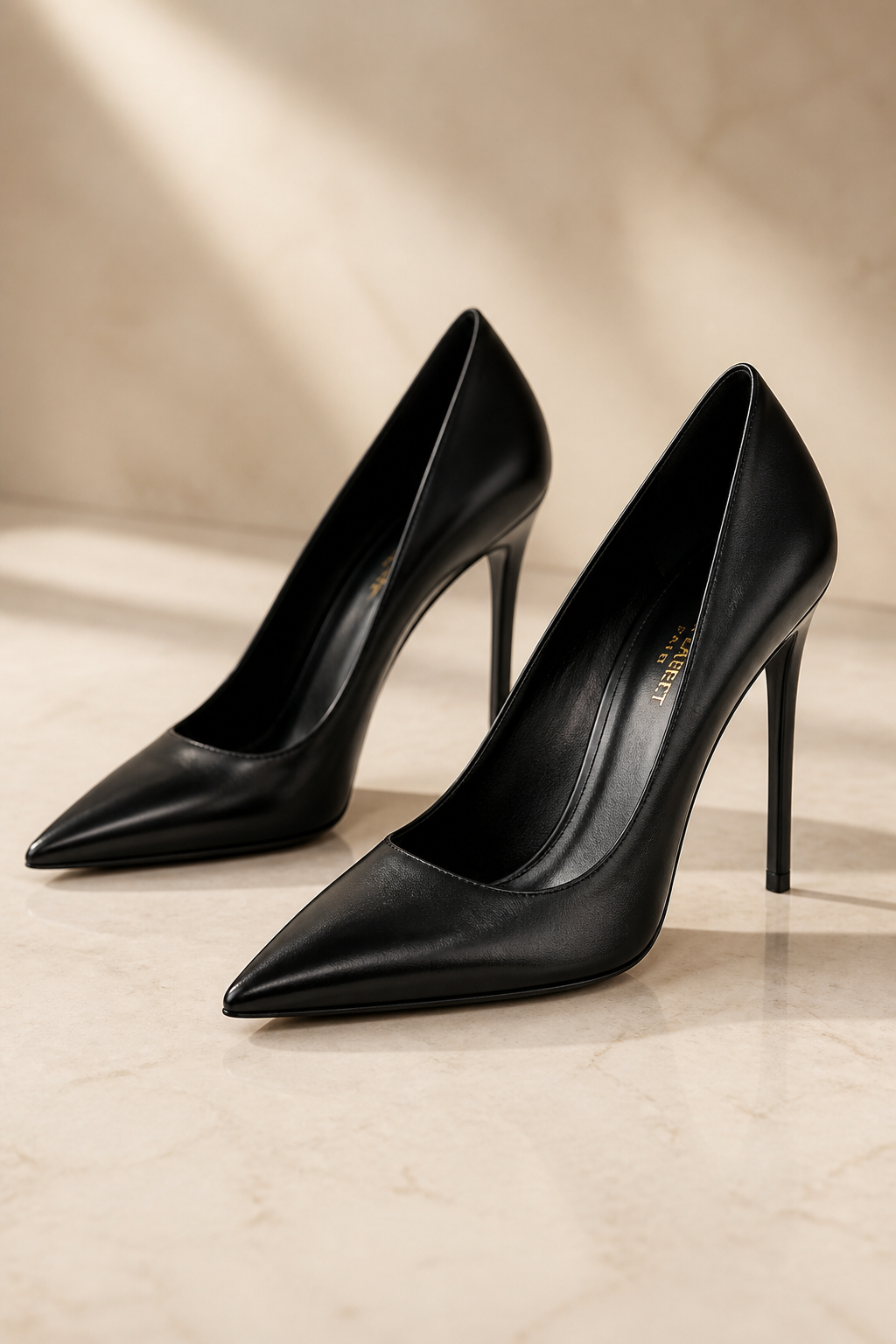 YSL-inspired black Paris pump on a champagne studio background