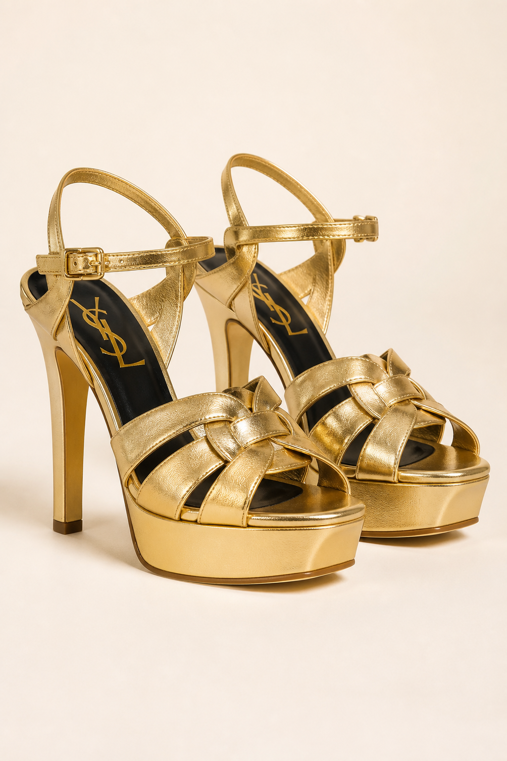 YSL-inspired gold Tribute platform heel